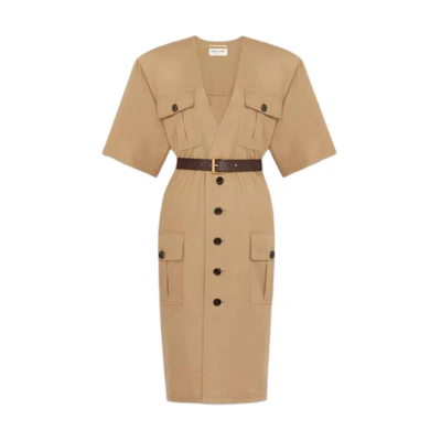 (Women) Saint Laurent Beige Short Sleeve Midi Dress with Belt and V-Neck. 790089Y3A992611