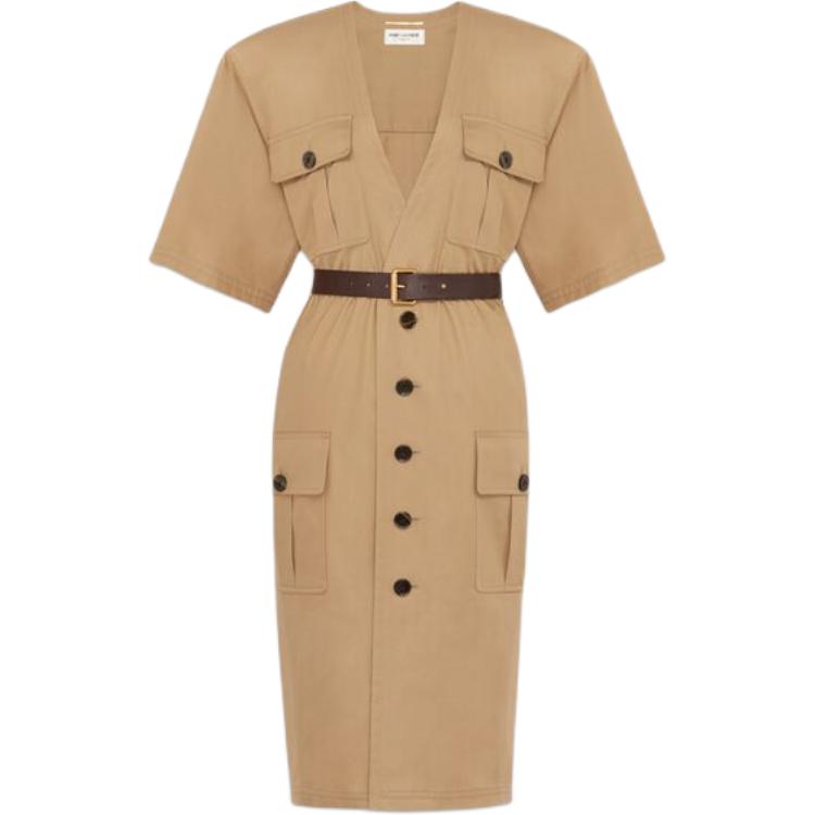 Order (W) Saint Laurent Gaun Midi Beige Lengan Pendek dengan Tali Pinggang & Leher-V. 790089Y3A992611