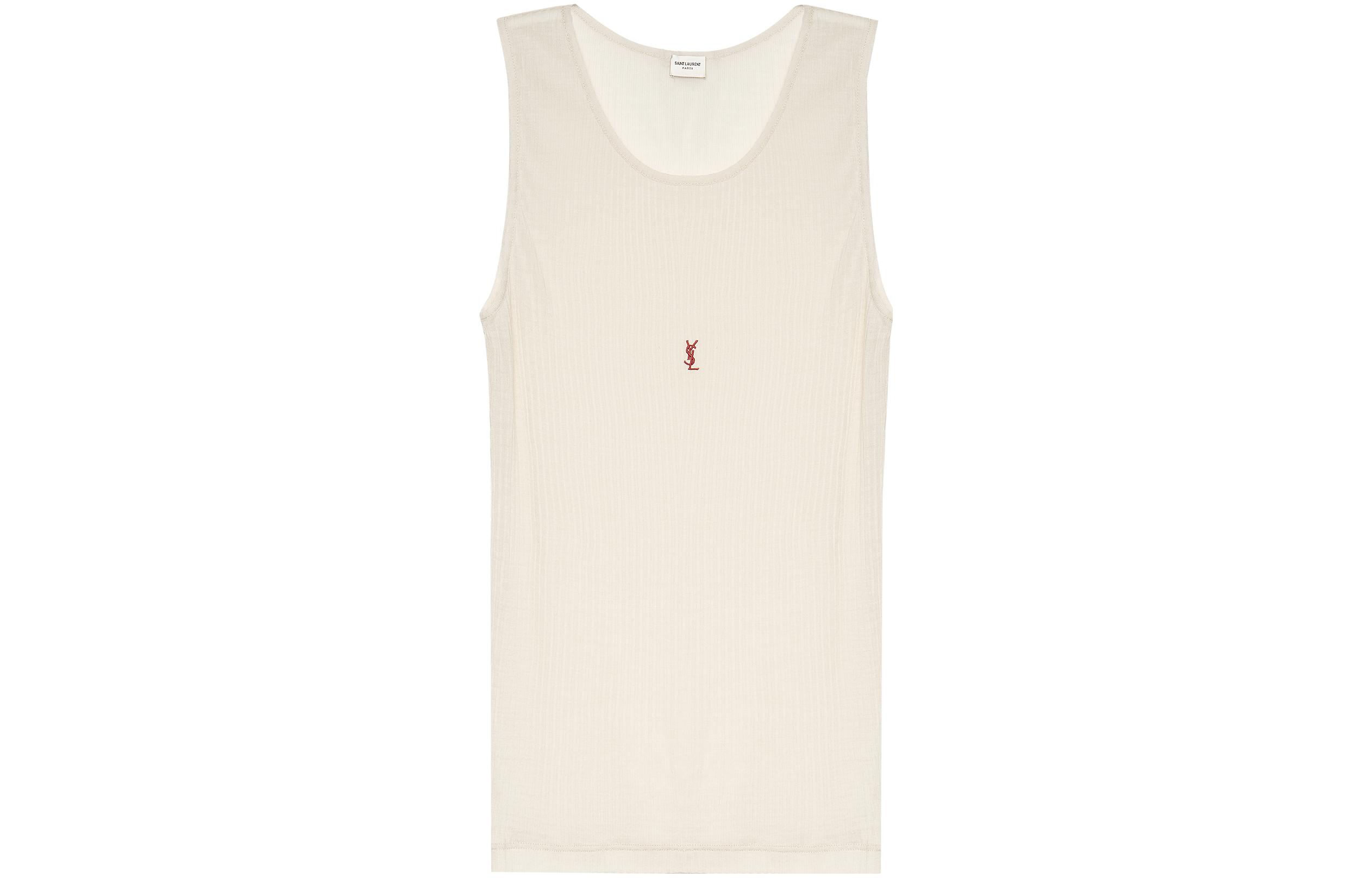 (Women) SAINT LAURENT  Beige SS23 Logo Embroidered Crew Neck Tank Top. 752721YBMV29774