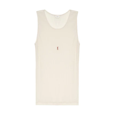 (Women) SAINT LAURENT Beige SS23 Logo Embroidered Crew Neck Tank Top. 752721YBMV29774