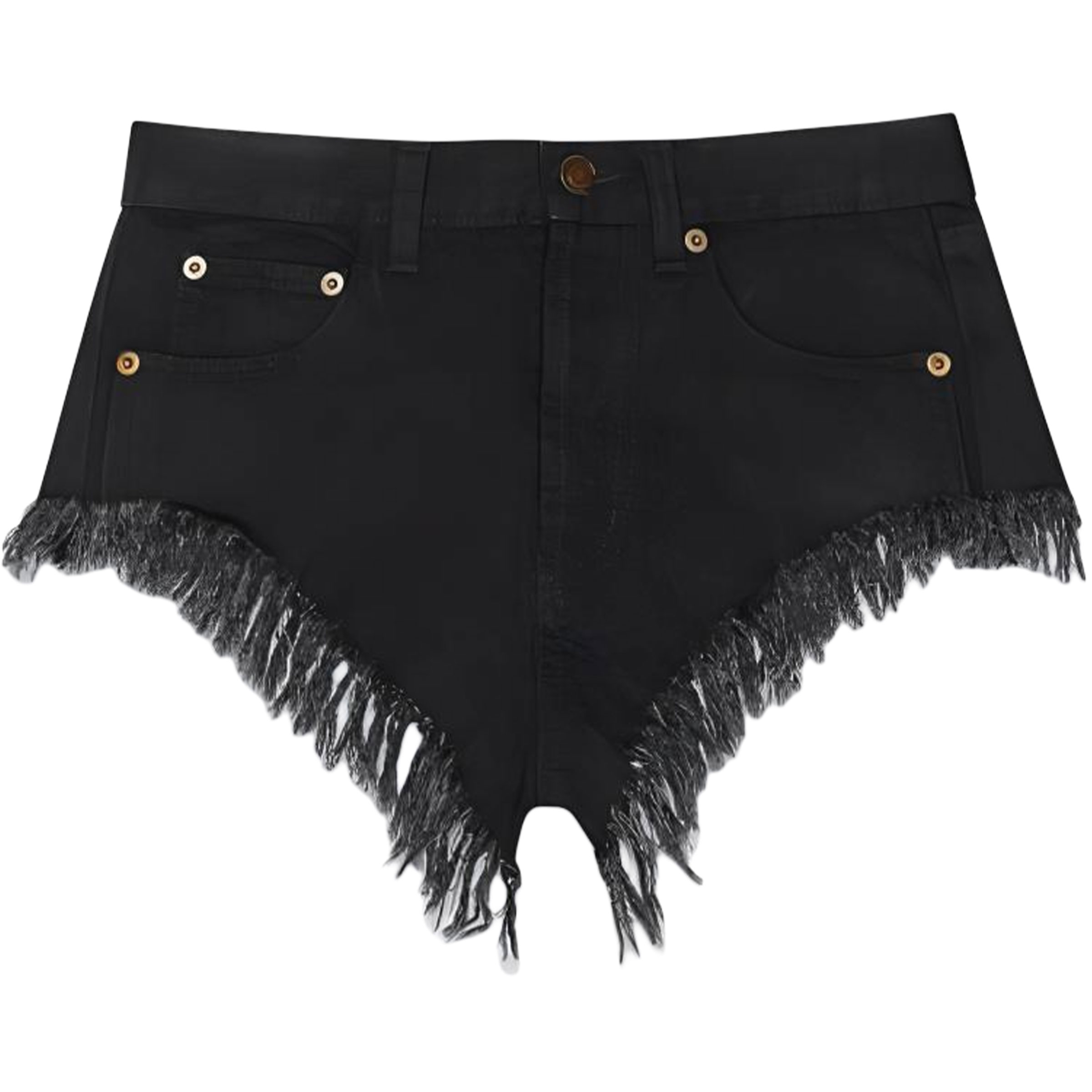 (Women) SAINT LAURENT  Black Denim Mini Shorts with Zipper and Fringe Details 584459YH8991220