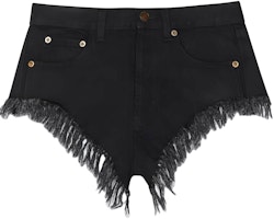 (Women) SAINT LAURENT Black Denim Mini Shorts with Zipper and Fringe Details 584459YH8991220 (Women) SAINT LAURENT Black Denim Mini Shorts with Zipper and Fringe Details 584459YH8991220