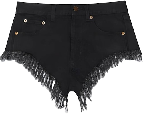 (Women) SAINT LAURENT Black Denim Mini Shorts with Zipper and Fringe Details 584459YH8991220 Buy (Women) SAINT LAURENT Black Denim Mini Shorts with Zipper and Fringe Details 584459YH8991220