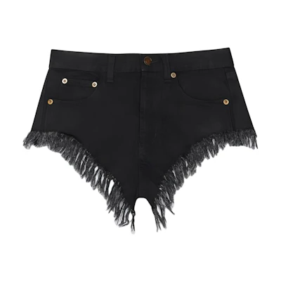 (Women) SAINT LAURENT Black Denim Mini Shorts with Zipper and Fringe Details 584459YH8991220