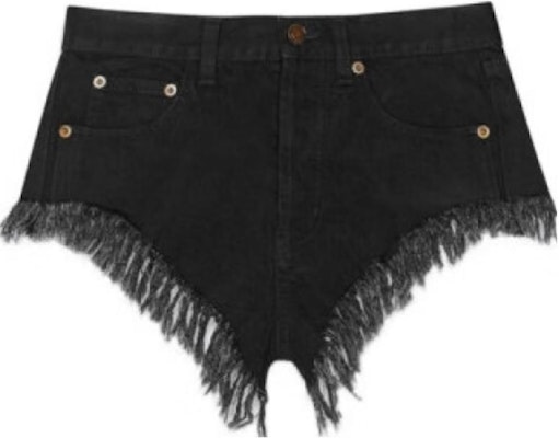 (Women) SAINT LAURENT Black Denim Mini Shorts with Zipper and Fringe Details 584459YH8991220 Order (Women) SAINT LAURENT Black Denim Mini Shorts with Zipper and Fringe Details 584459YH8991220