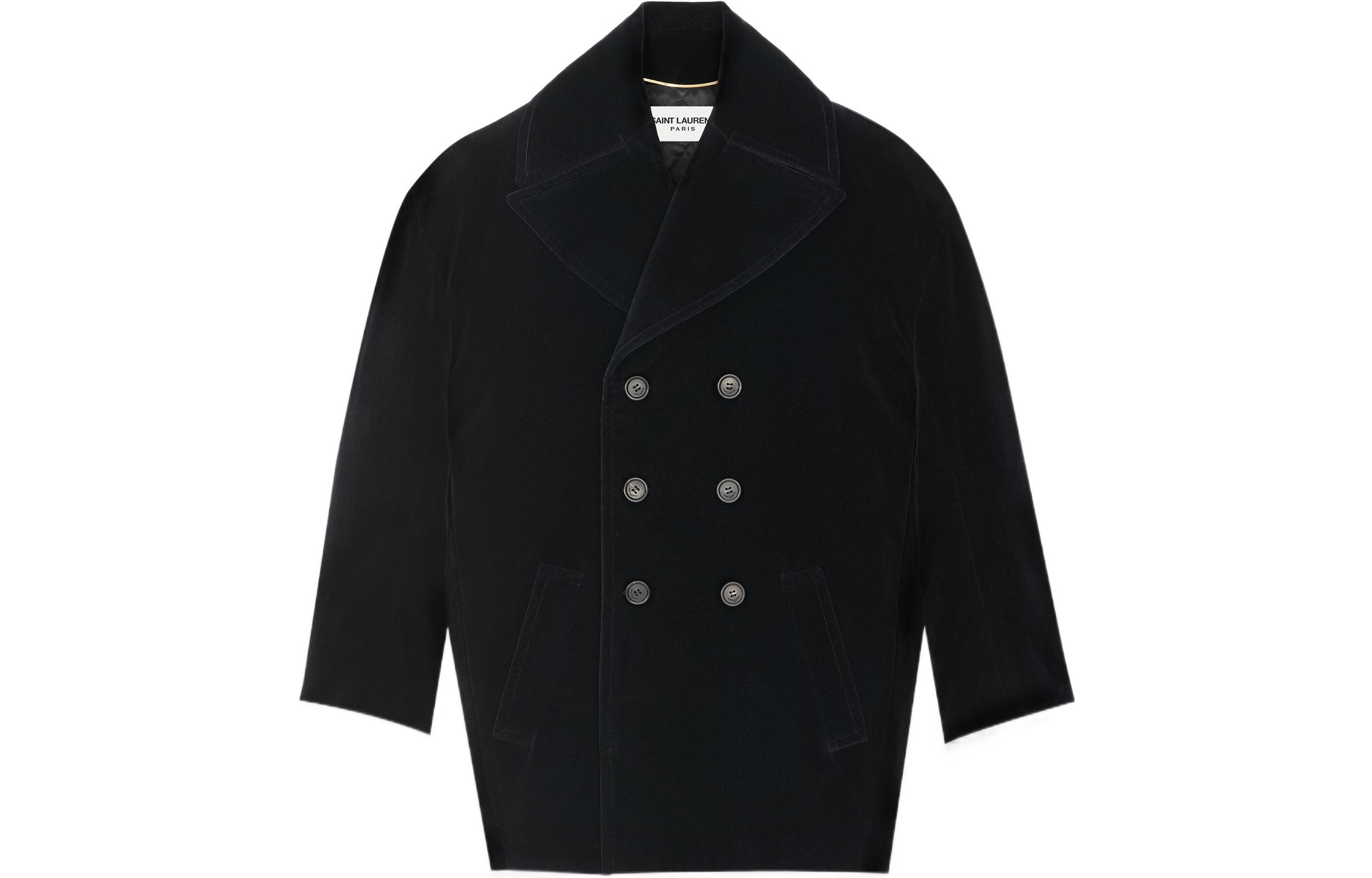 (Women) SAINT LAURENT  Black Double-Breasted Long Coat with Logo Embroidery FW22 737220Y615W1000