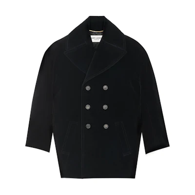(Women) SAINT LAURENT Black Double-Breasted Long Coat with Logo Embroidery FW22 737220Y615W1000