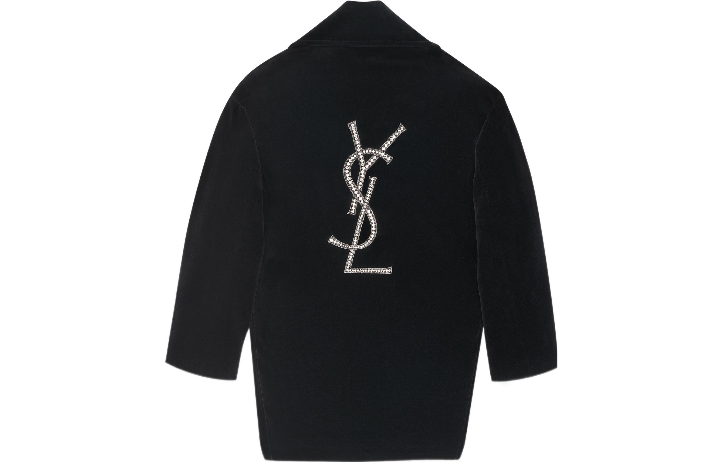 Lookbook (Women) SAINT LAURENT  Black Double-Breasted Long Coat with Logo Embroidery FW22 737220Y615W1000