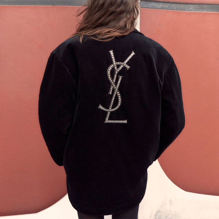 Shop (Women) SAINT LAURENT  Black Double-Breasted Long Coat with Logo Embroidery FW22 737220Y615W1000