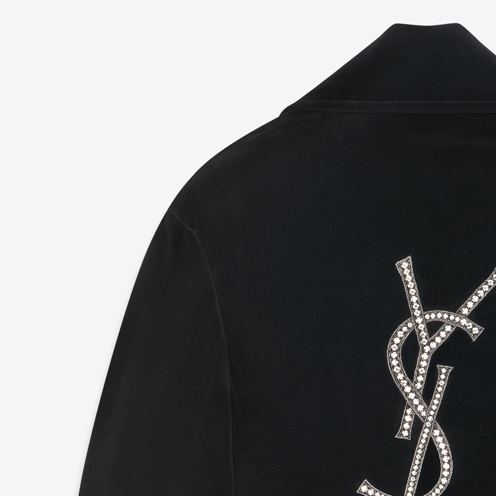 Purchase (Women) SAINT LAURENT  Black Double-Breasted Long Coat with Logo Embroidery FW22 737220Y615W1000