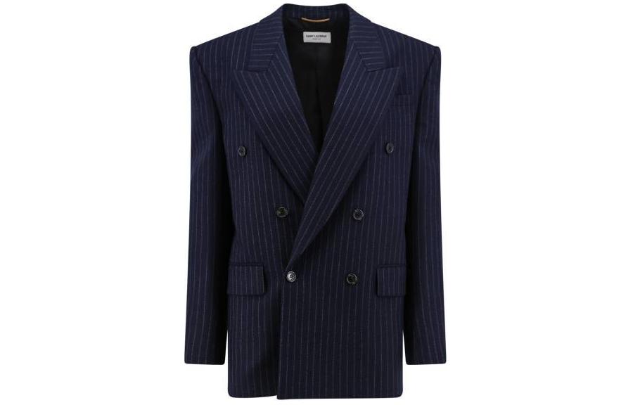 (Women) Saint Laurent  Black Double-Breasted Striped Long Sleeve Jacket. 762930Y127W4260