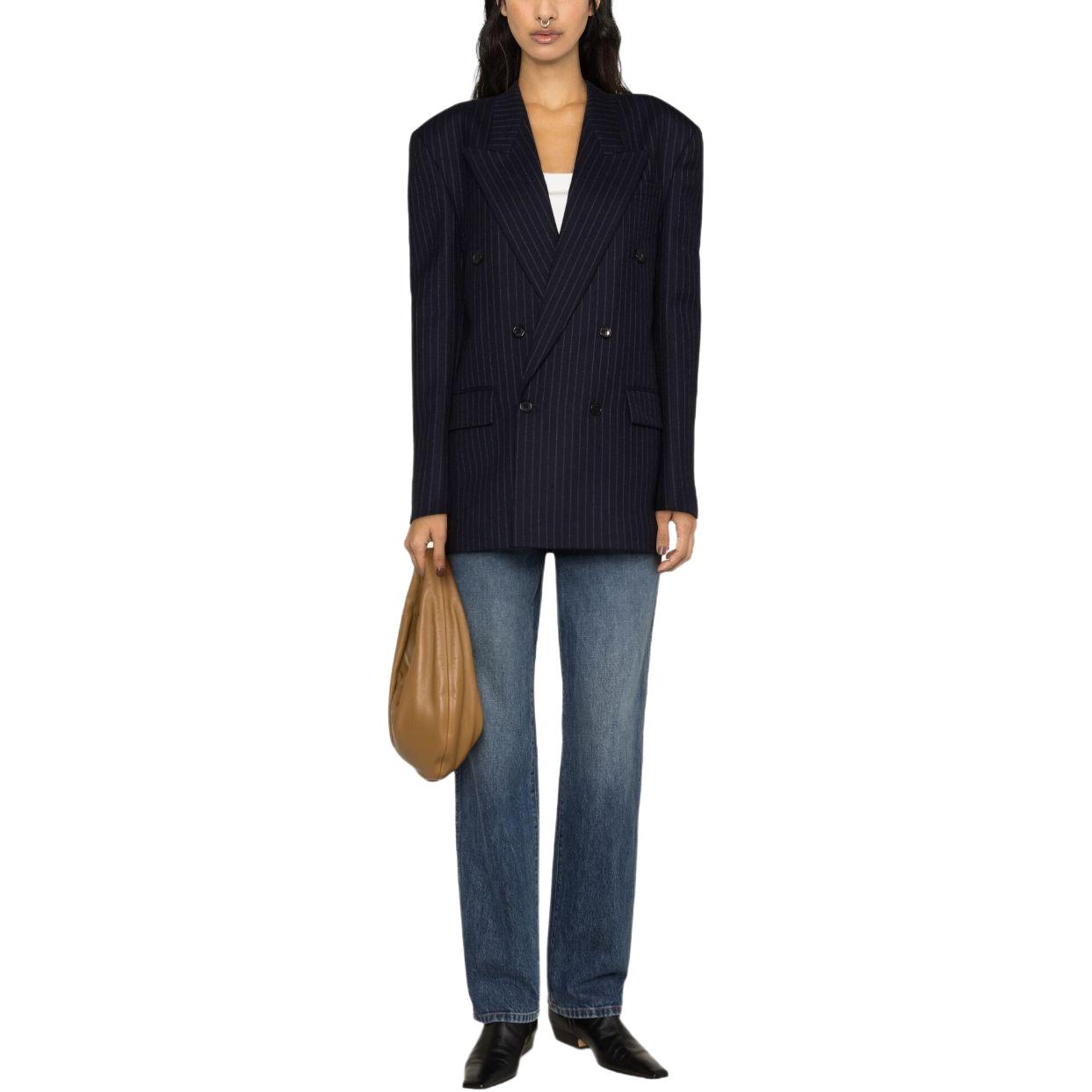 Lookbook (W) Saint Laurent Hitam Double-Breasted Jaket Garis Lengan Panjang. 762930Y127W4260