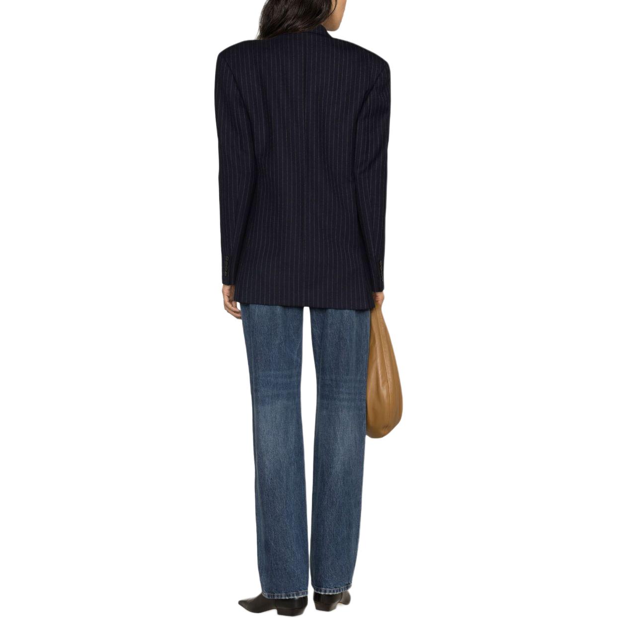 Shop (W) Saint Laurent Hitam Double-Breasted Jaket Garis Lengan Panjang. 762930Y127W4260