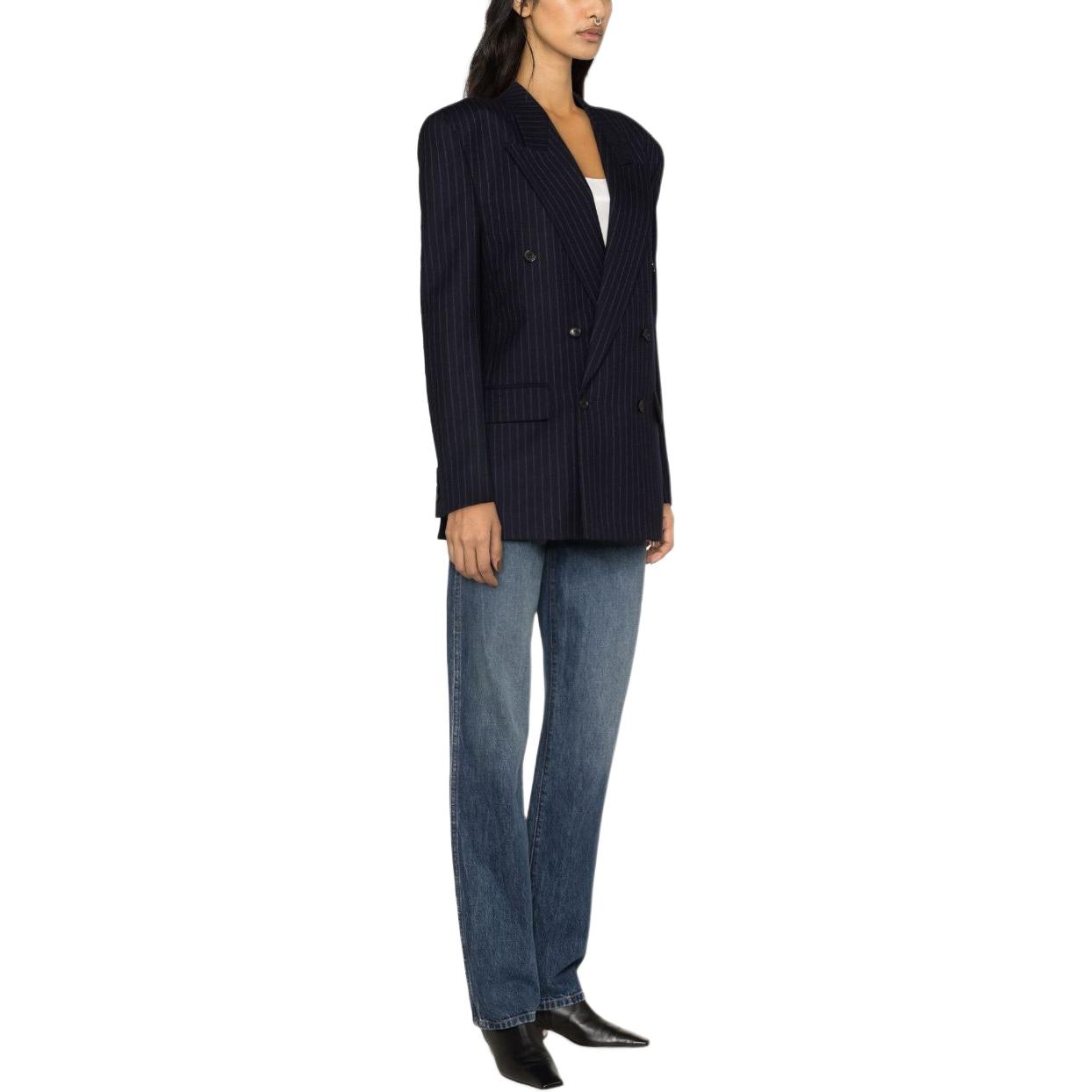 Purchase (W) Saint Laurent Hitam Double-Breasted Jaket Garis Lengan Panjang. 762930Y127W4260