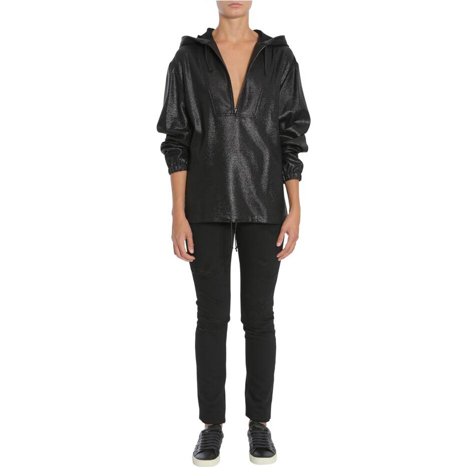 Lookbook (Women) Saint Laurent  Black Half-Zip Solid Color Hoodie. 482933Y007R1000