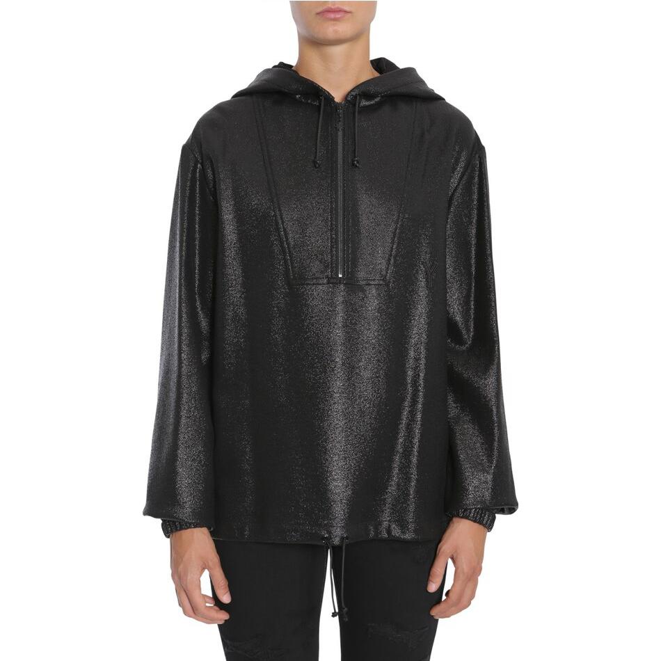 Shop (Women) Saint Laurent  Black Half-Zip Solid Color Hoodie. 482933Y007R1000