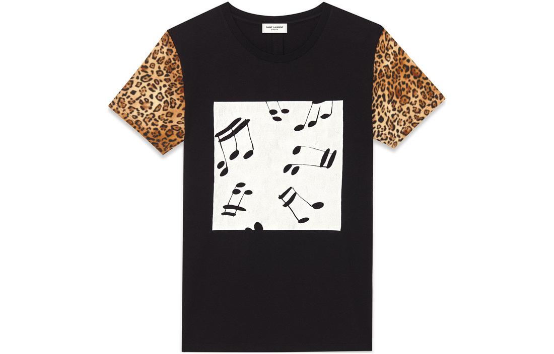 (Women) SAINT LAURENT  Black Leopard Print Note Graphic Crewneck T-Shirt. 440543YB2BF1075