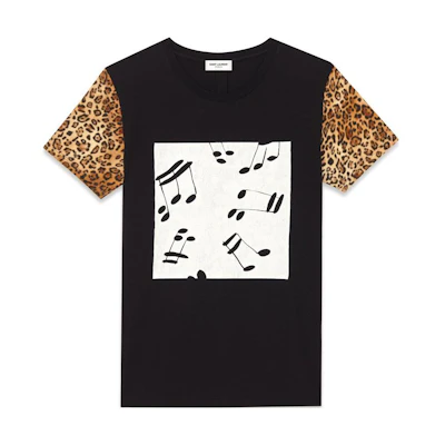 (Women) SAINT LAURENT Black Leopard Print Note Graphic Crewneck T-Shirt. 440543YB2BF1075