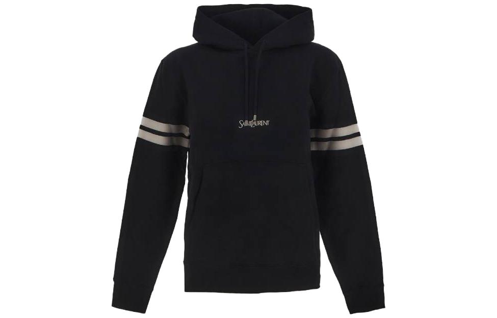(Women) SAINT LAURENT  Black Striped Logo Embroidered Hoodie Long Sleeve Pullover. 757076Y36SW1095