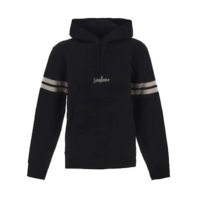 (Women) SAINT LAURENT Black Striped Logo Embroidered Hoodie Long Sleeve Pullover. 757076Y36SW1095