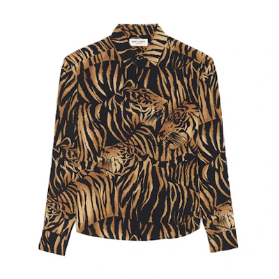 (Women) SAINT LAURENT Black Tiger Print Long Sleeve Crepe Shirt 693865Y2E969664