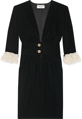 (W) SAINT LAURENT Vestido Negro Midi Escote en V con Mangas de Encaje. 703780Y525R1000 Buy (W) SAINT LAURENT Vestido Negro Midi Escote en V con Mangas de Encaje. 703780Y525R1000