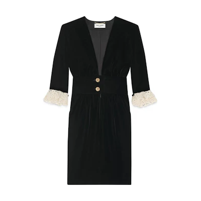 (Women) SAINT LAURENT Black V-Neck Midi Lace-Sleeve Dress 703780Y525R1000
