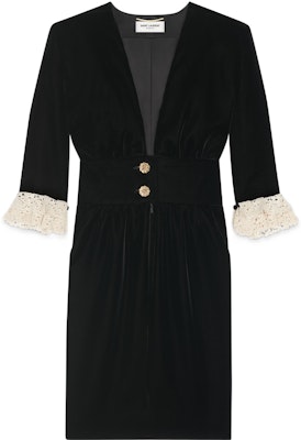 (W) SAINT LAURENT Vestido Negro Midi Escote en V con Mangas de Encaje. 703780Y525R1000 Order (W) SAINT LAURENT Vestido Negro Midi Escote en V con Mangas de Encaje. 703780Y525R1000