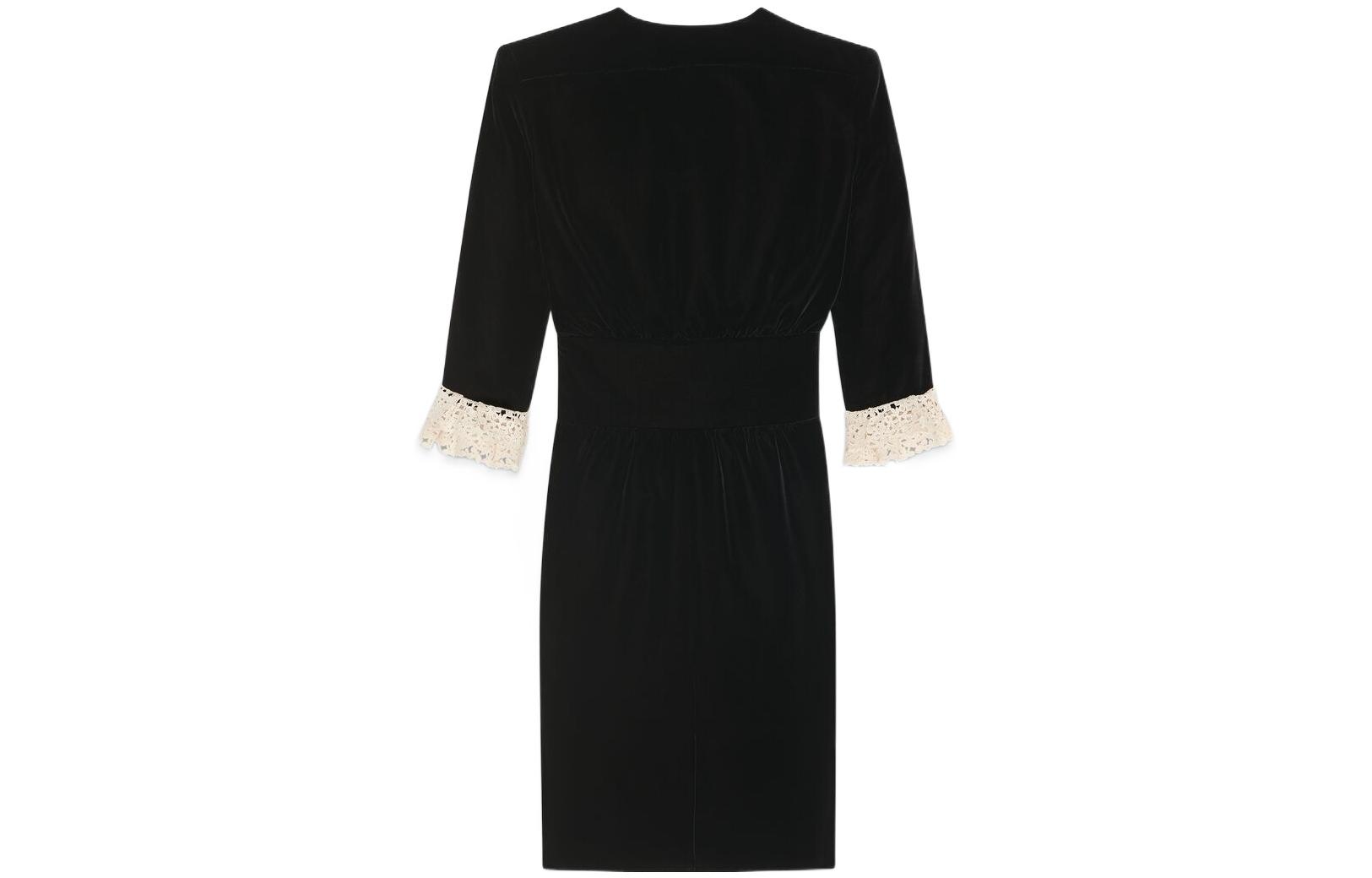 Lookbook (W) SAINT LAURENT Vestido Negro Midi Escote en V con Mangas de Encaje. 703780Y525R1000