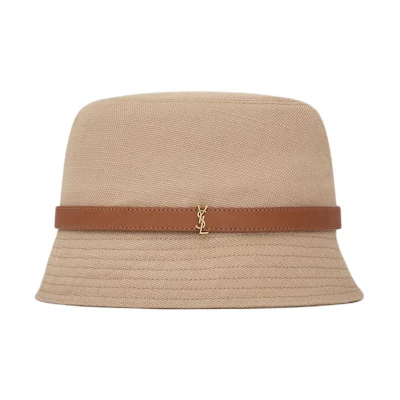 (Women) SAINT LAURENT Brown Canvas Bucket Hat with Leather Strap Trim. 7849483YP629765