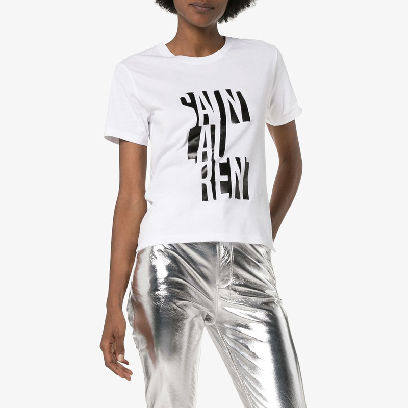 Lookbook (Women) SAINT LAURENT  Casual Letter Print Short-Sleeve T-Shirt White 577070YBJJ2
