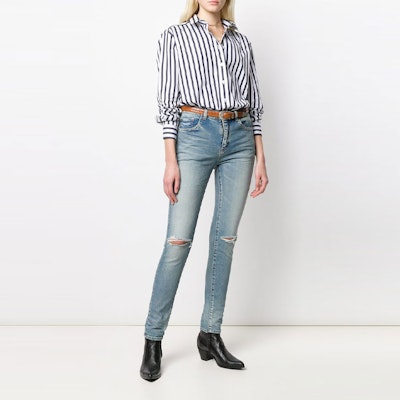 (Women) Saint Laurent High-Waist Distressed Long Jeans - Blue 606670YO5074741 Lookbook (Women) Saint Laurent High-Waist Distressed Long Jeans - Blue 606670YO5074741