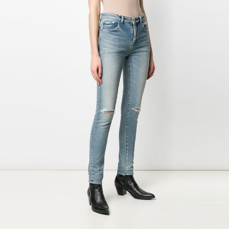 Shop (Women) Saint Laurent  High-Waist Distressed Long Jeans - Blue 606670YO5074741