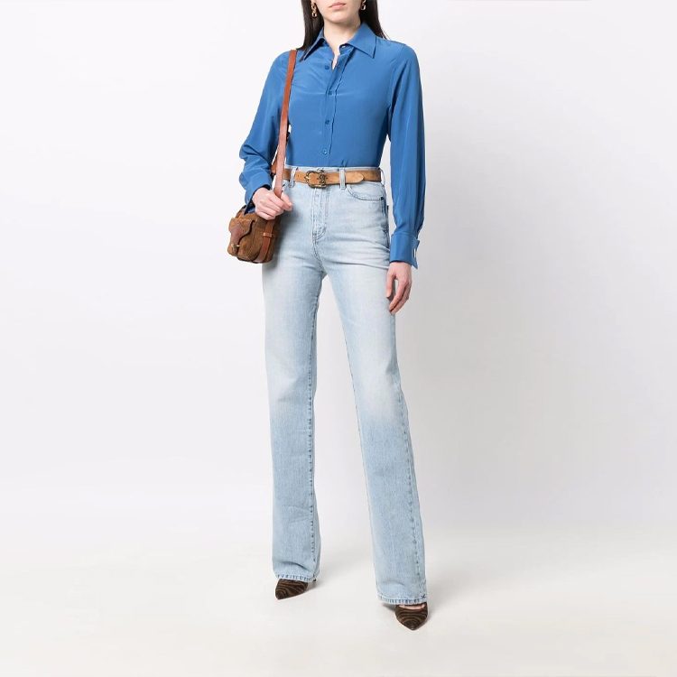 Lookbook (Women) SAINT LAURENT  High-Waisted Washed Denim Jeans SS22 Light Blue. 691771Y35AK4925