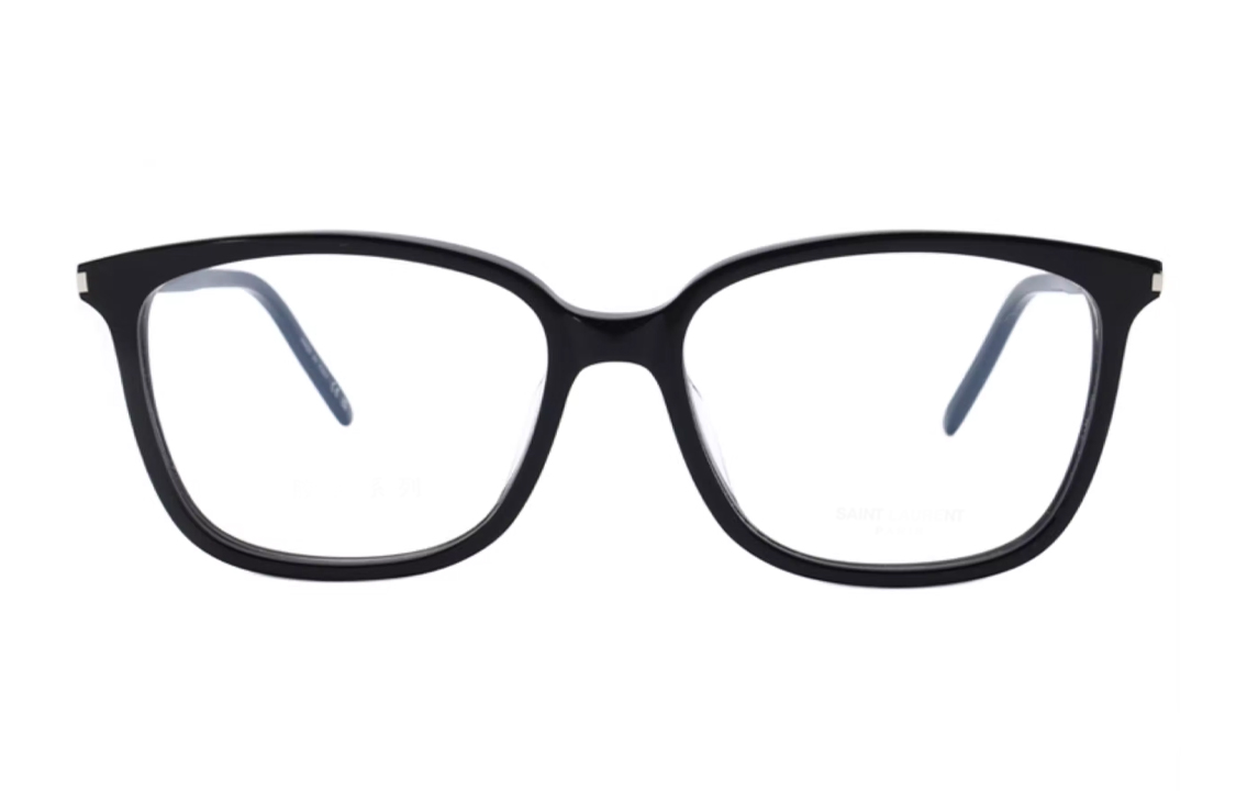 Lookbook (Women) Saint Laurent  Irregular Acetate Optical Glasses Black with Side Logo. SL453F-001