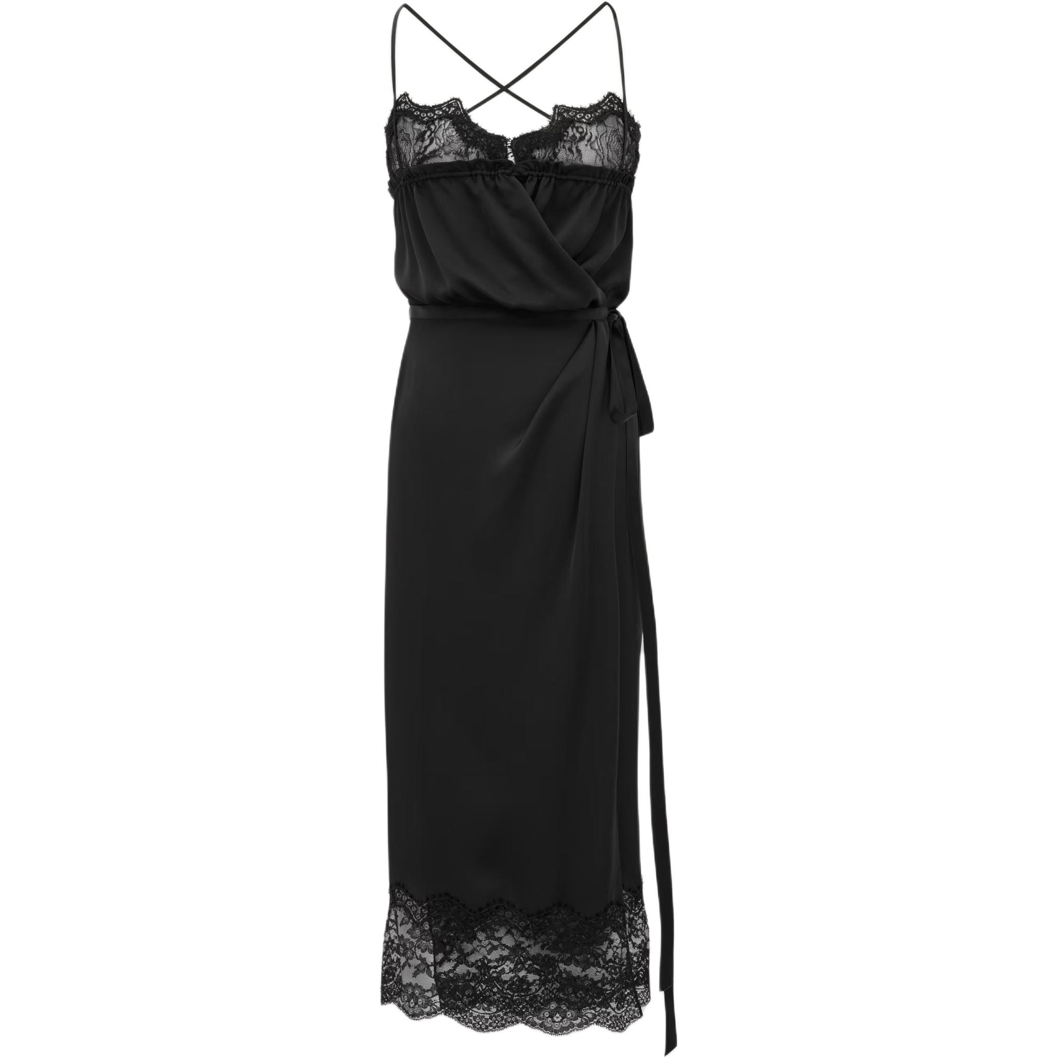 (Women) Saint Laurent  Lace Midi Tie-Strap Slip Dress Black 802036Y720W1000