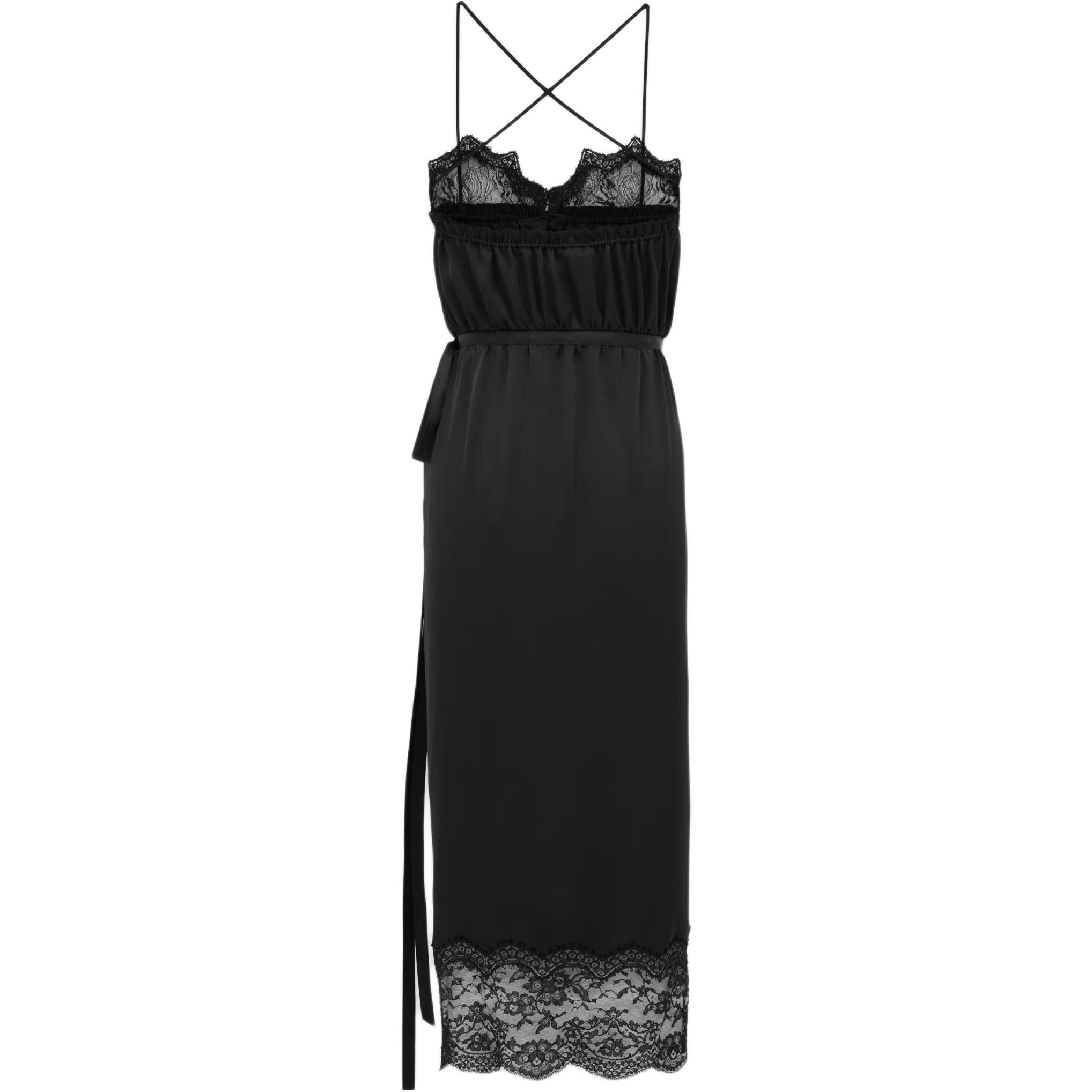 Order (W) Saint Laurent Gaun Hitam Midi Lace Tie-Strap Slip Dress 802036Y720W1000