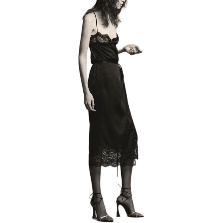 Shop (W) Saint Laurent Gaun Hitam Midi Lace Tie-Strap Slip Dress 802036Y720W1000