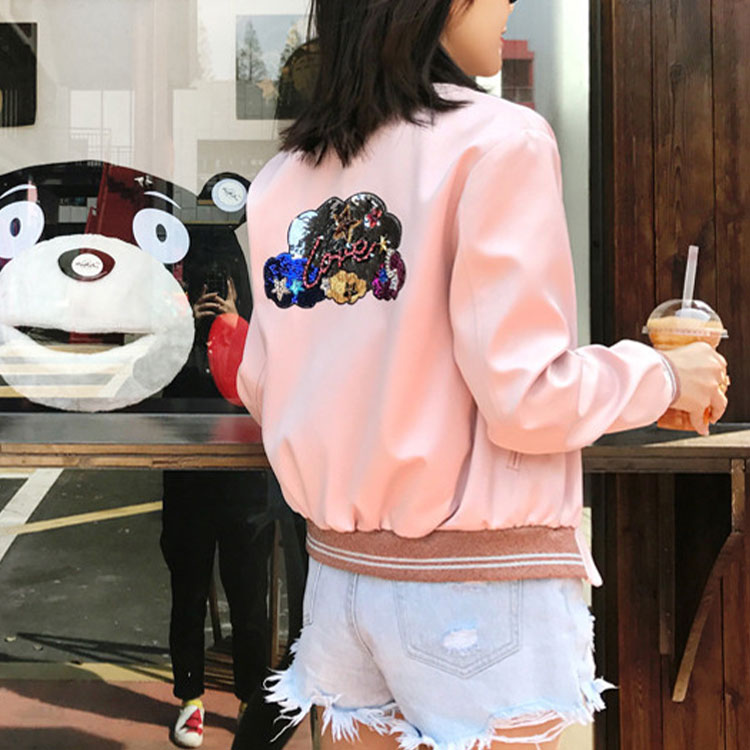 Purchase (W) Saint Laurent Jaket Berjalur Merah Jambu Berkolar Besbol Lengan Panjang. 458894Y469W9921