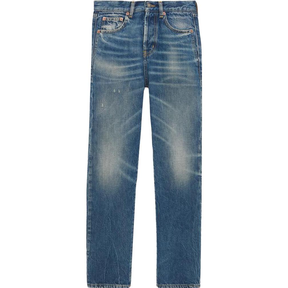 Shop (Women) SAINT LAURENT  Slim Fit Straight Blue Denim Jeans 739003YV9705017