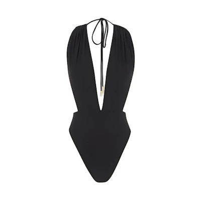 (Women) SAINT LAURENT Solid Backless Halter One-Piece Swimsuit Black 777741Y601V1000