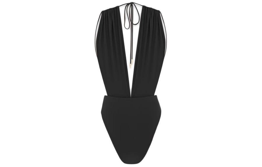 Lookbook (Women) SAINT LAURENT  Solid Backless Halter One-Piece Swimsuit Black 777741Y601V1000