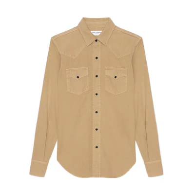 (Women) SAINT LAURENT Solid Button-Up Long Sleeve Shirt Khaki Color 615139Y27BB9241