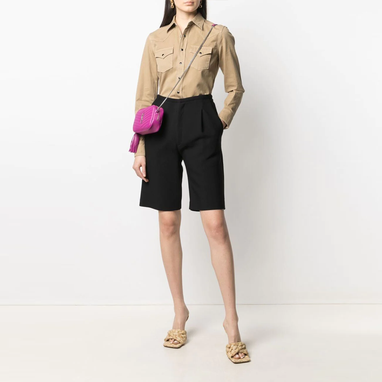 Shop (Women) SAINT LAURENT  Solid Button-Up Long Sleeve Shirt Khaki Color 615139Y27BB9241