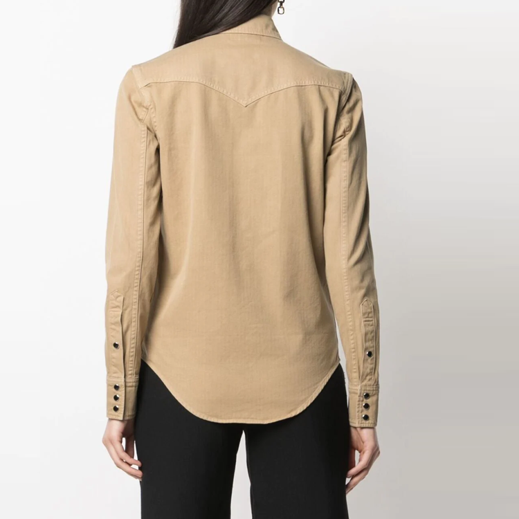 Purchase (Women) SAINT LAURENT  Solid Button-Up Long Sleeve Shirt Khaki Color 615139Y27BB9241
