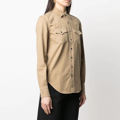 (Women) SAINT LAURENT Solid Button-Up Long Sleeve Shirt Khaki Color 615139Y27BB9241 Details for (Women) SAINT LAURENT Solid Button-Up Long Sleeve Shirt Khaki Color 615139Y27BB9241