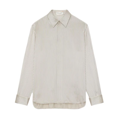 (Women) SAINT LAURENT Striped Silk Satin Boyfriend Shirt Beige Long Sleeve 777862Y3I879019