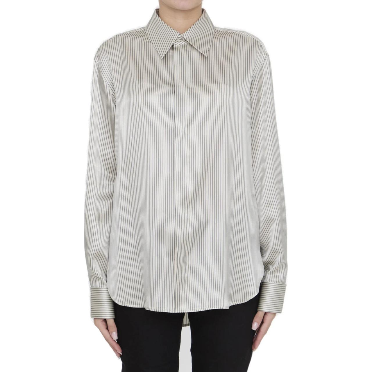 Shop (W) SAINT LAURENT 條紋真絲緞面男友風襯衫 米色長袖襯衫 777862Y3I879019