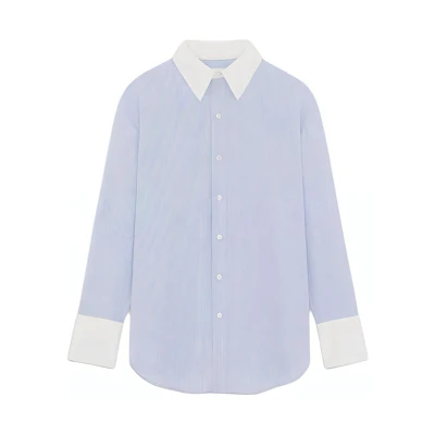 (Women) Saint Laurent Striped Solid Long-Sleeve Shirt Blue. 782496Y5I744360