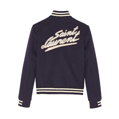 (Women) SAINT LAURENT Striped Wool Letterman Jacket Ink Blue Back to School. 636254Y180W4363